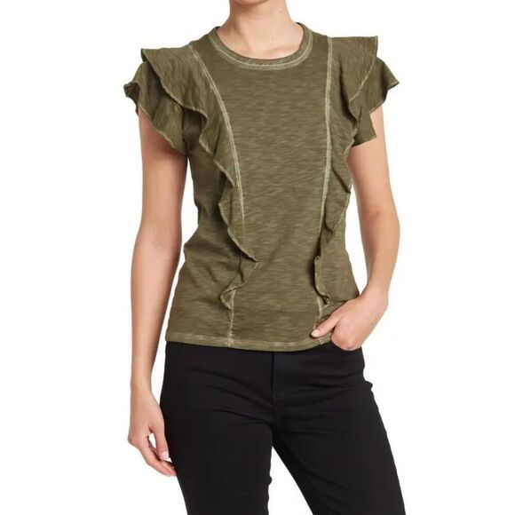 Veronica Beard Womens Green Crewneck Bea Space Dye Tier Ruffle T-Shirt Size XS - Picture 1 of 7
